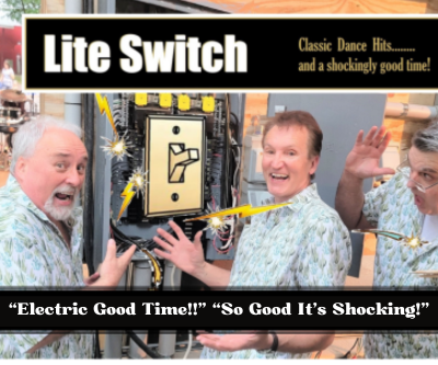 Members of Lite Switch stand in front of a breaker box with cartoon lite switch and electrical bolts jumping out. 
